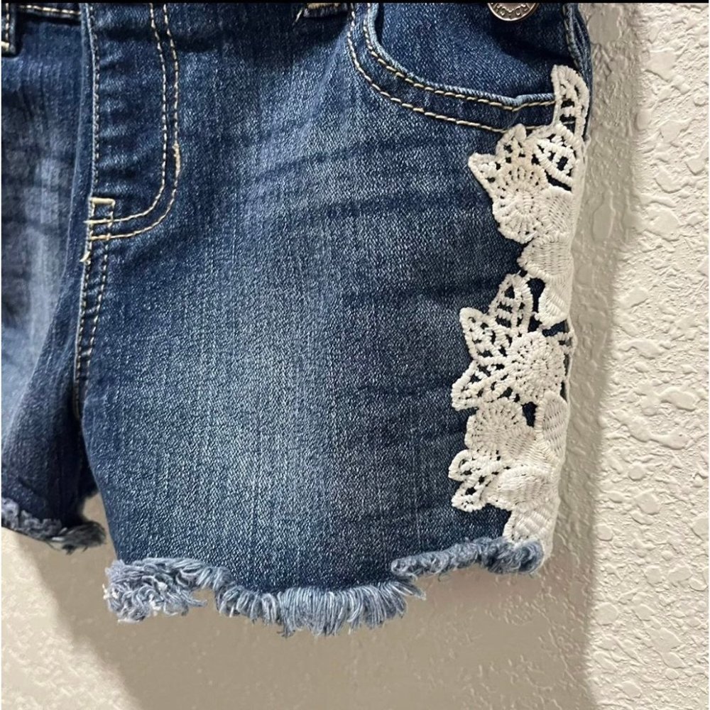 Jordache Dark Enzyme Wash Floral Crochet Denim Shortall Overall Shorts - Picture 6 of 10